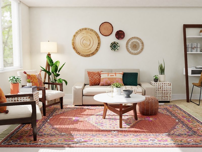 Living room with red area rug from A.T. Frank Floors Across Michigan
