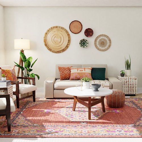 Living room with red area rug from A.T. Frank Floors Across Michigan